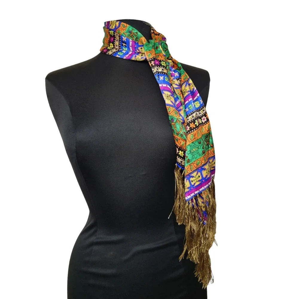 100% Silk‎ Double Layer w/ Long Fringe Vintage Scarf Artsy Collage Pattern Funky